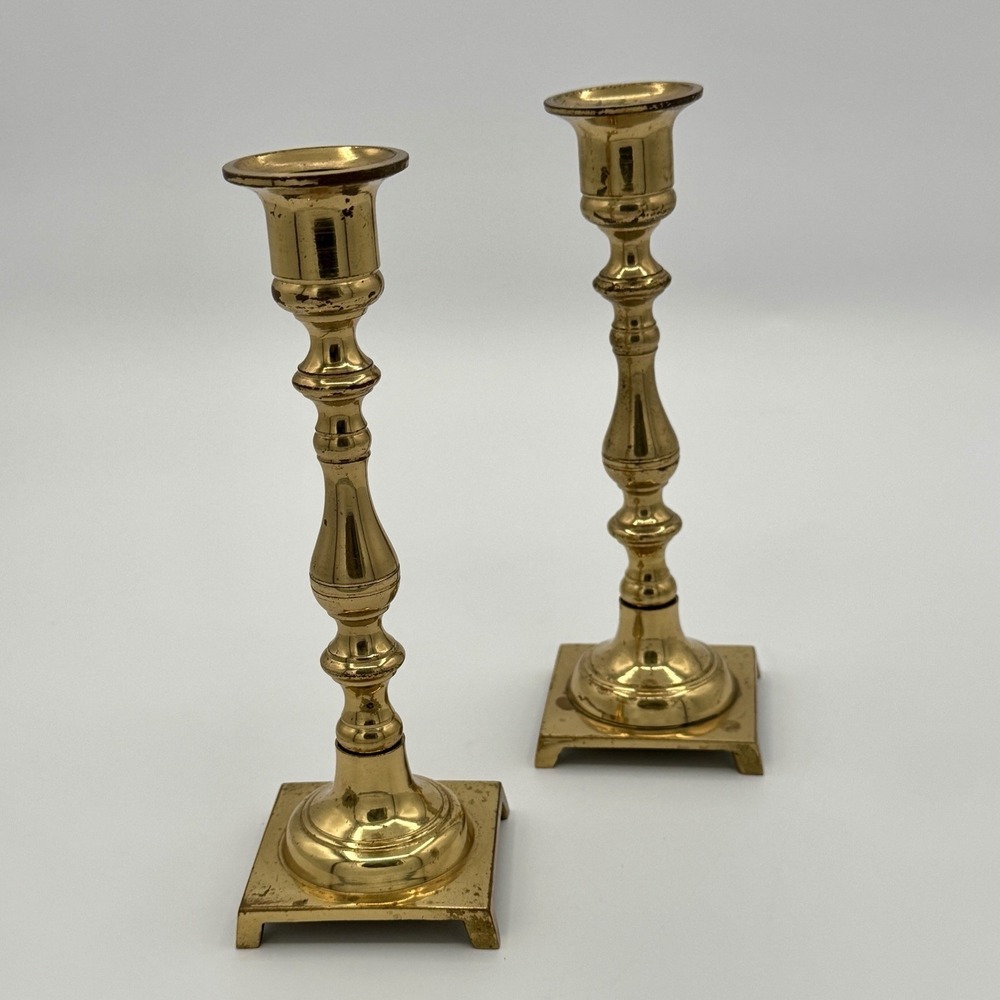 Vintage Brass Candlesticks Pair 7" Tall Square Base Traditional Taper Holders